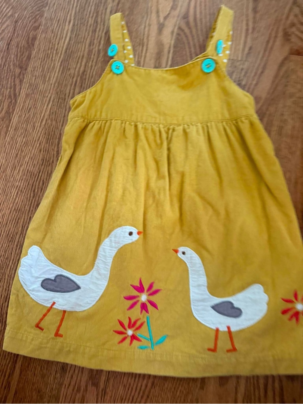 Baby Boden Mustard Yellow Corduroy Goose Appliqué Dress